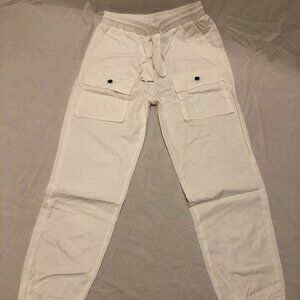 Men's White Multi-Pocket Straight Leg Nylon Draw-String Jogging Pant Size Small